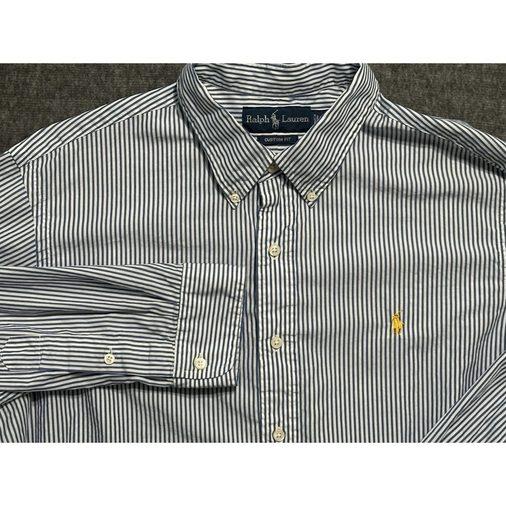 Ralph Lauren Shirt Mens XL White Striped Custom Fit Button Down Yellow Pony